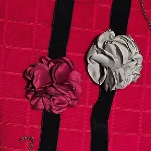 Floral Satin Ribbon Choker Necklace - Pink and Gray